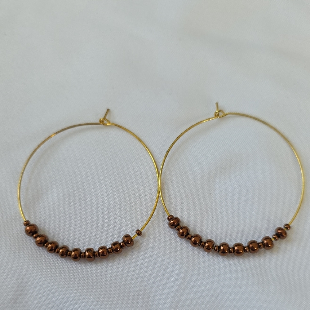 Chic Gold and Brown Beaded Boho Chic Hoop Earrings